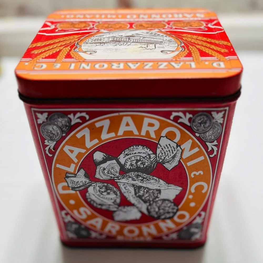 Lazzaroni Saronno Biscuit Tin Vintage Red Orange Fair Italian Amaretti Decor